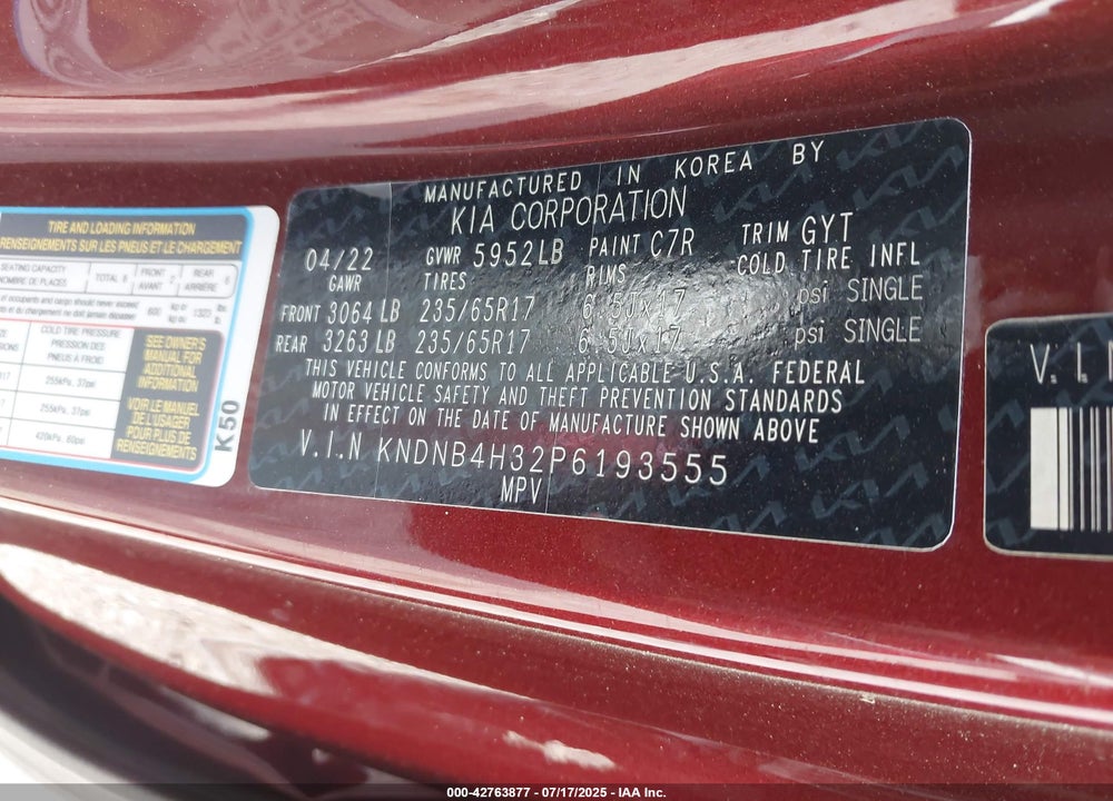 2023 KIA CARNIVAL MPV LX SEAT PACKAGE VIN: KNDNB4H32P6193555