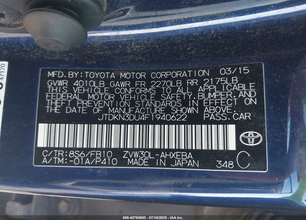 2015 TOYOTA PRIUS VIN: JTDKN3DU4F1940622