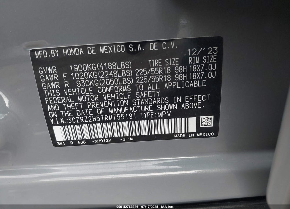 2024 HONDA HR-V VIN: 3CZRZ2H57RM755191