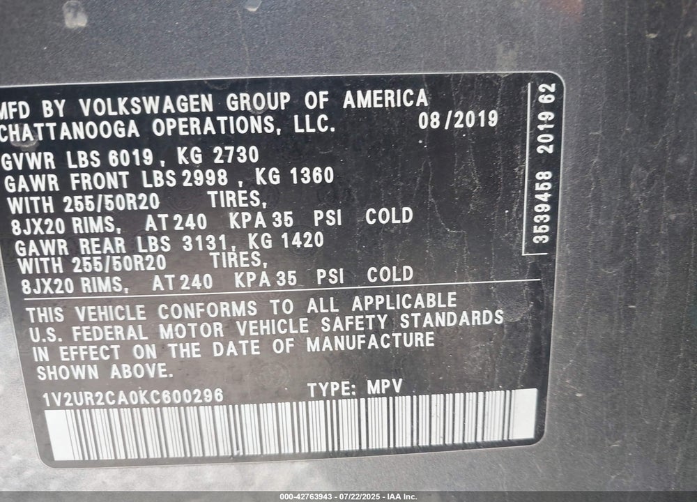 2019 VOLKSWAGEN ATLAS VIN: 1V2UR2CA0KC600296