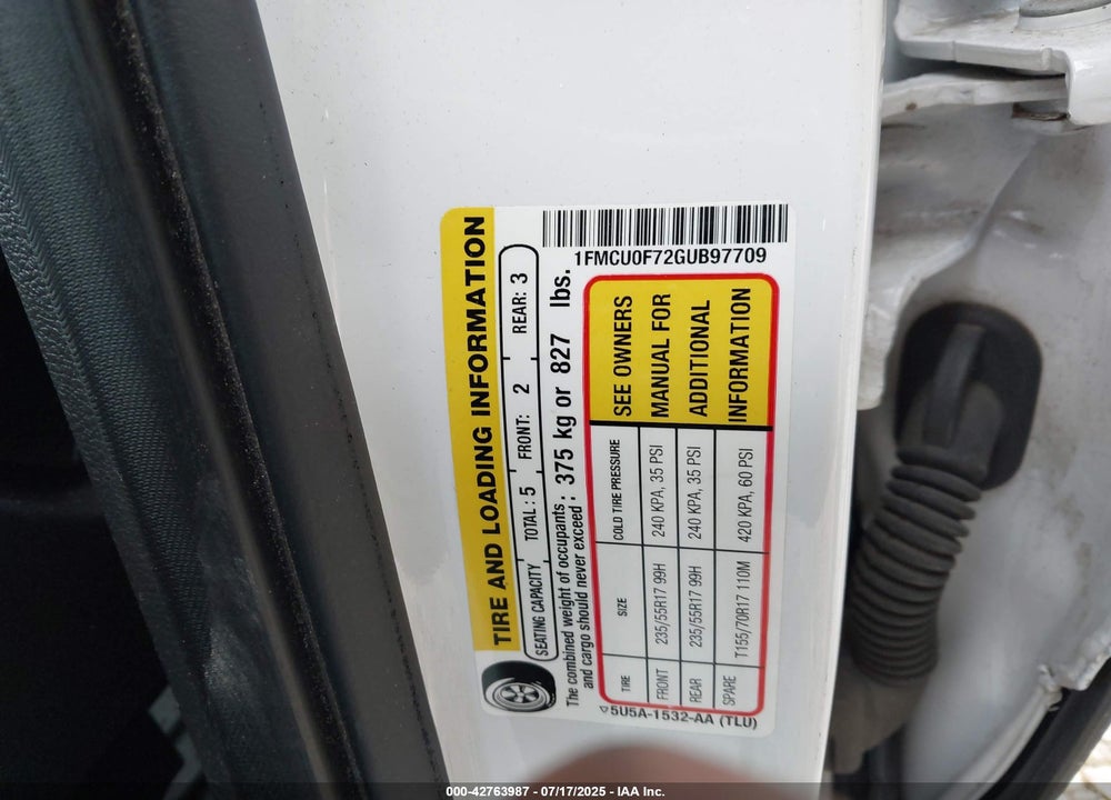 2016 FORD ESCAPE VIN: 1FMCU0F72GUB97709