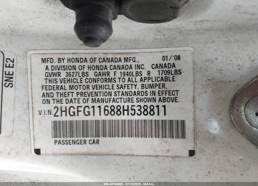2008 HONDA CIVIC VIN: 2HGFG11688H538811