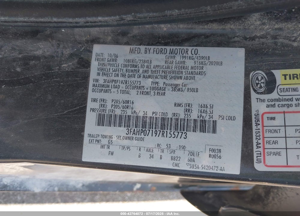 2007 FORD FUSION SE VIN: 3FAHP07197R155773