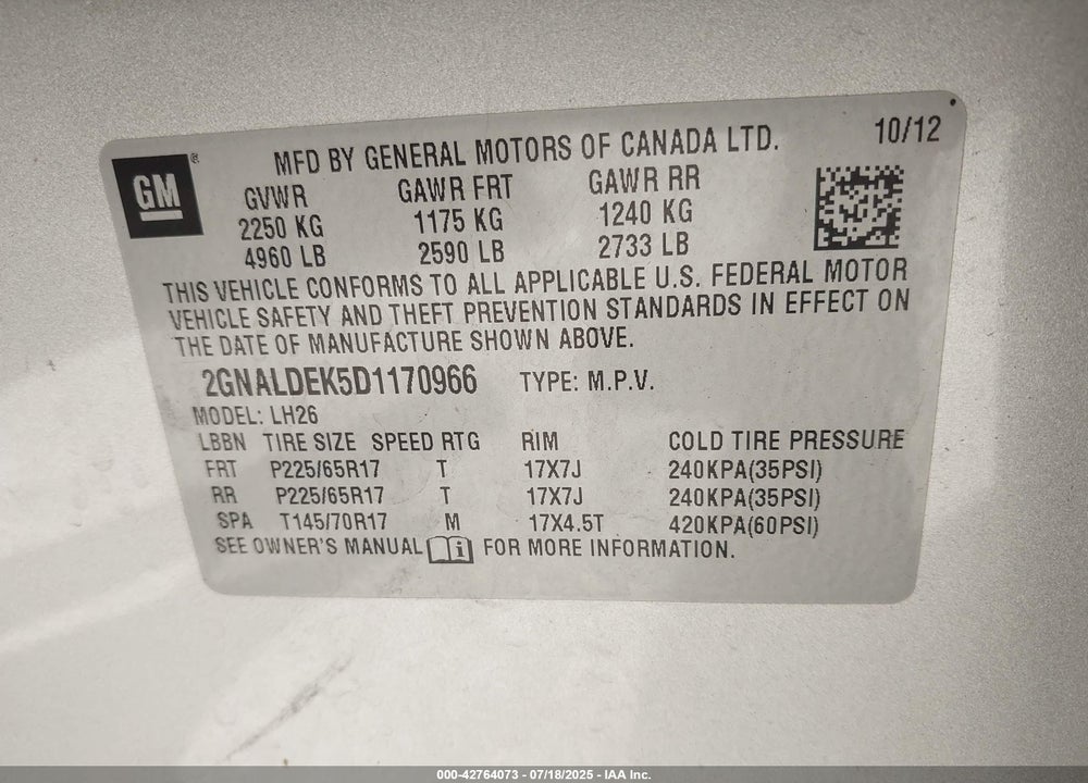 2013 CHEVROLET EQUINOX VIN: 2GNALDEK5D1170966