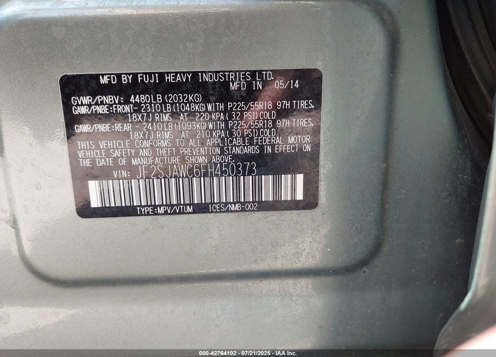 2015 SUBARU FORESTER VIN: JF2SJAWC6FH450373