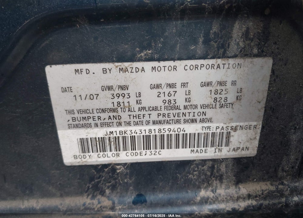 2008 MAZDA 3 VIN: JM1BK343181859404