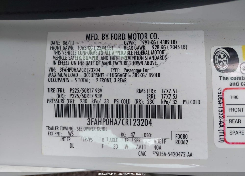 2012 FORD FUSION VIN: 3FAHP0HA7CR123204