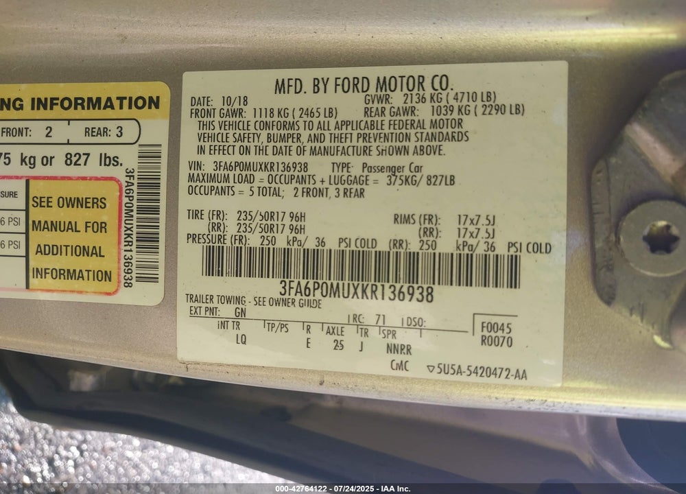 2019 FORD FUSION HYBRID SEL VIN: 3FA6P0MUXKR136938