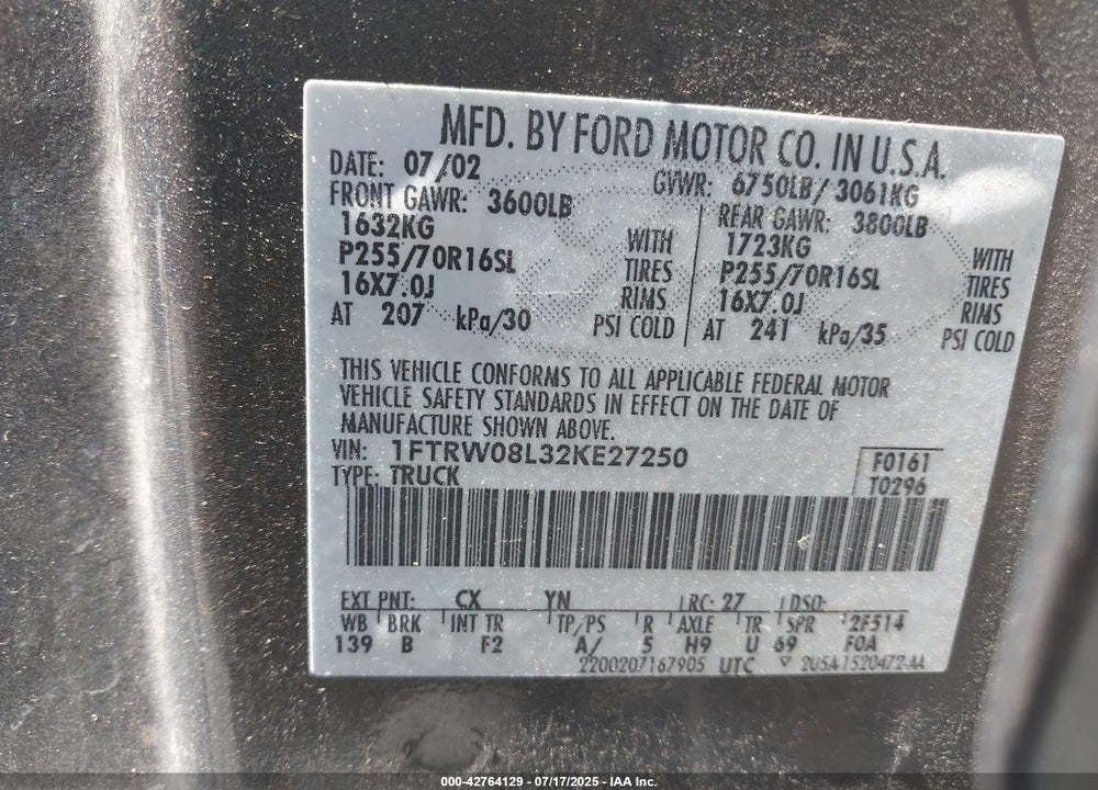 2002 FORD F-150 LARIAT/XLT VIN: 1FTRW08L32KE27250