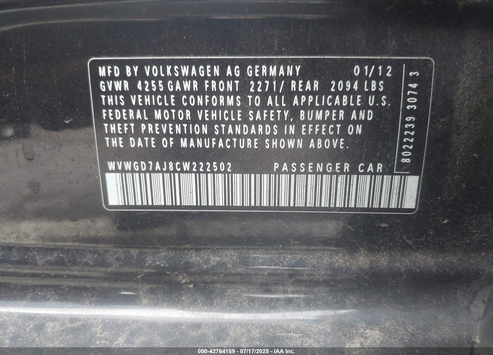 2012 VOLKSWAGEN GTI 4-DOOR VIN: WVWGD7AJ8CW222502