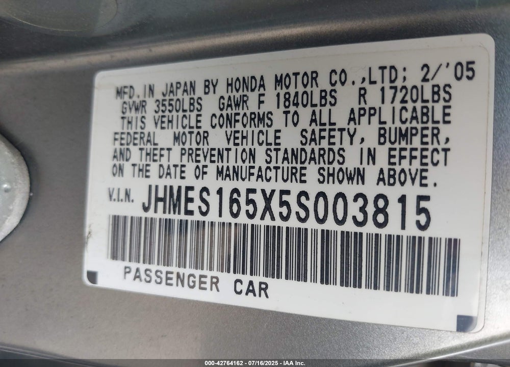 2005 HONDA CIVIC LX VIN: JHMES165X5S003815