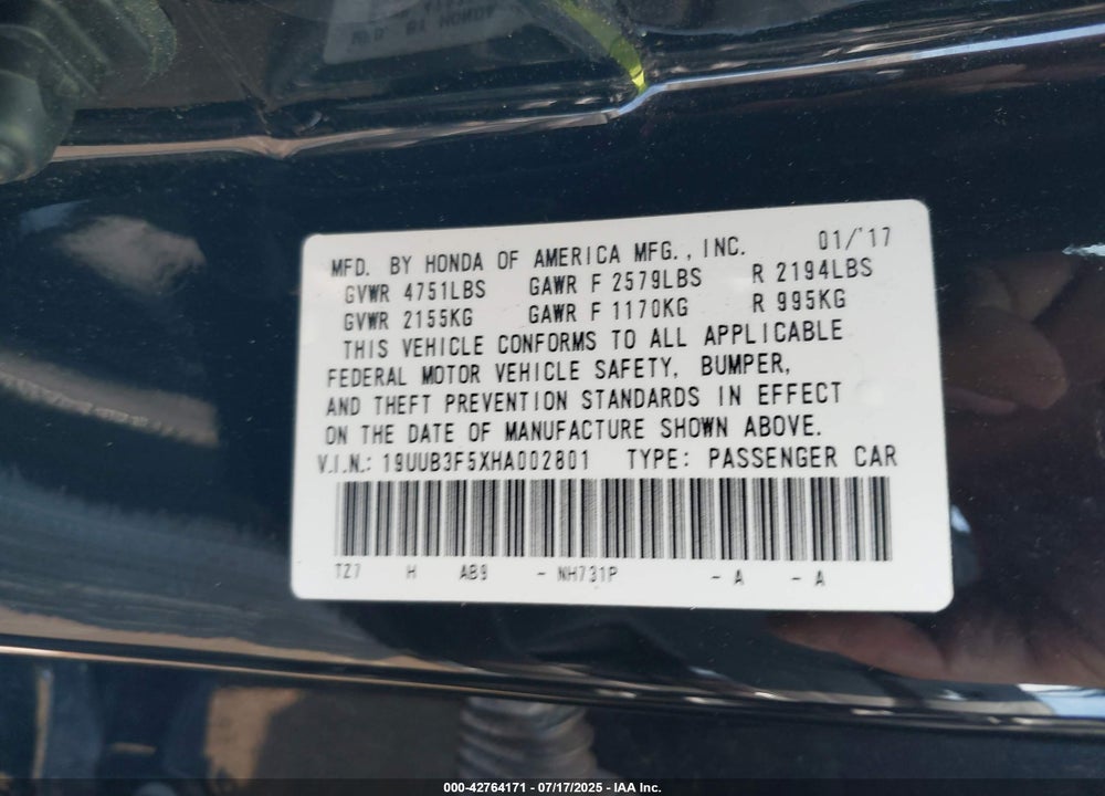2017 ACURA TLX VIN: 19UUB3F5XHA002801