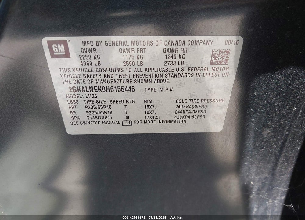2017 GMC TERRAIN VIN: 2GKALNEK9H6155446