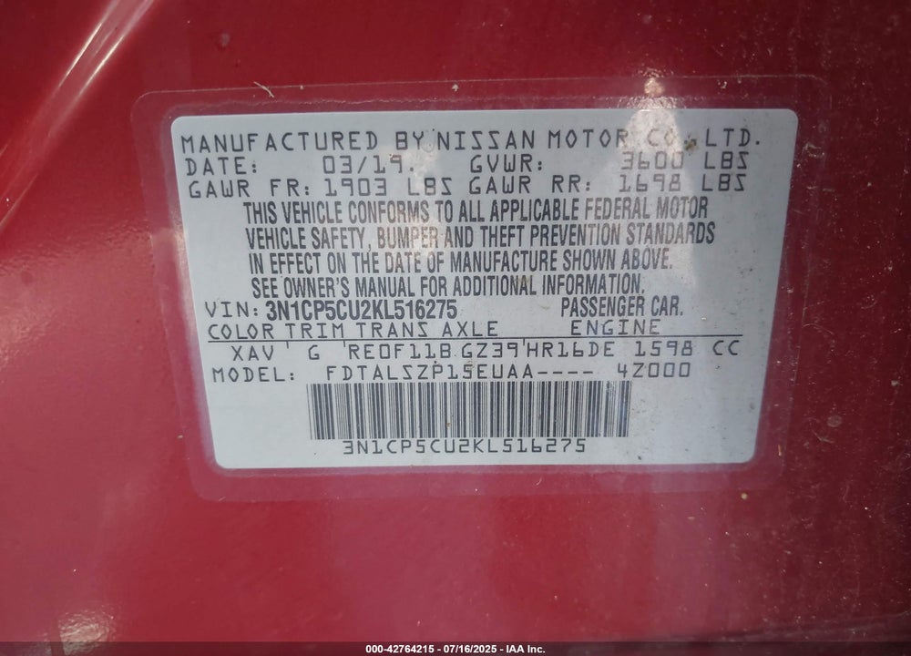 2019 NISSAN KICKS VIN: 3N1CP5CU2KL516275