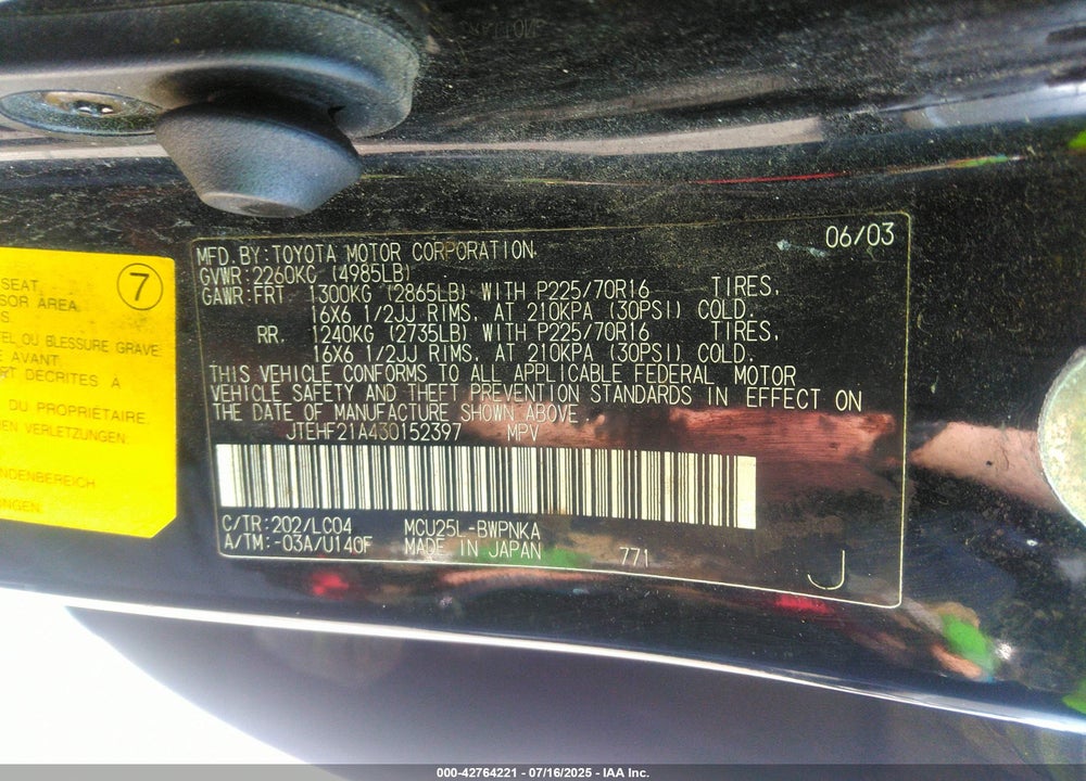 2003 TOYOTA HIGHLANDER LIMITED V6 VIN: JTEHF21A430152397