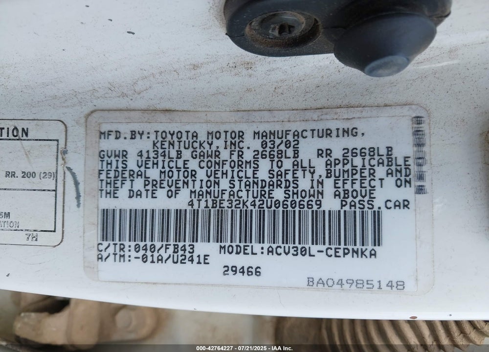 2002 TOYOTA CAMRY LE VIN: 4T1BE32K42U060669