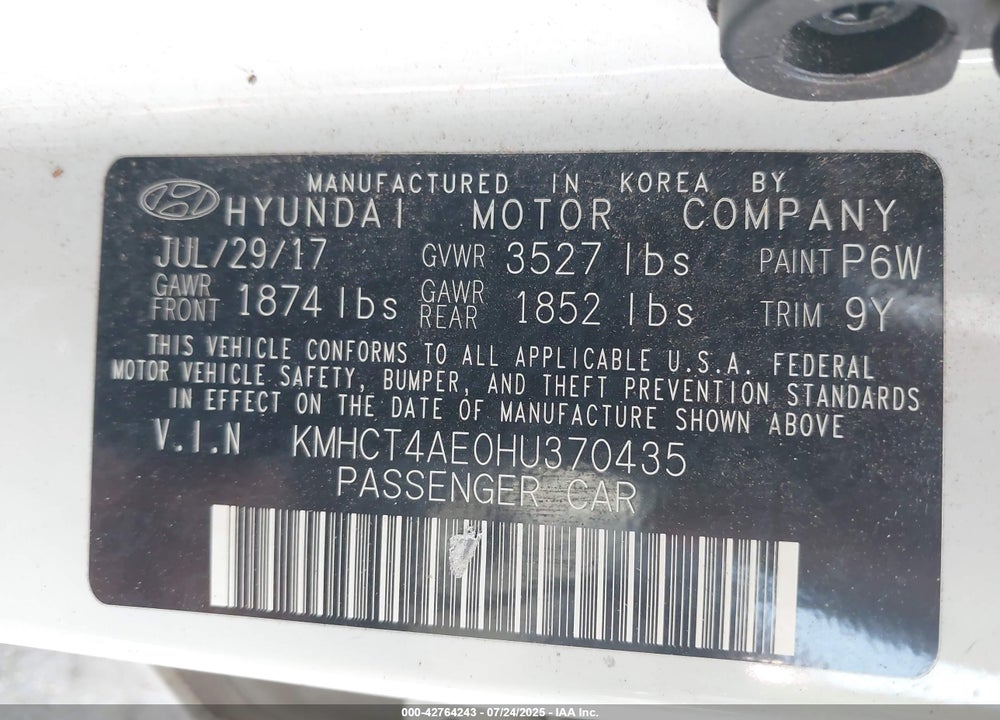 2017 HYUNDAI ACCENT VIN: KMHCT4AE0HU370435