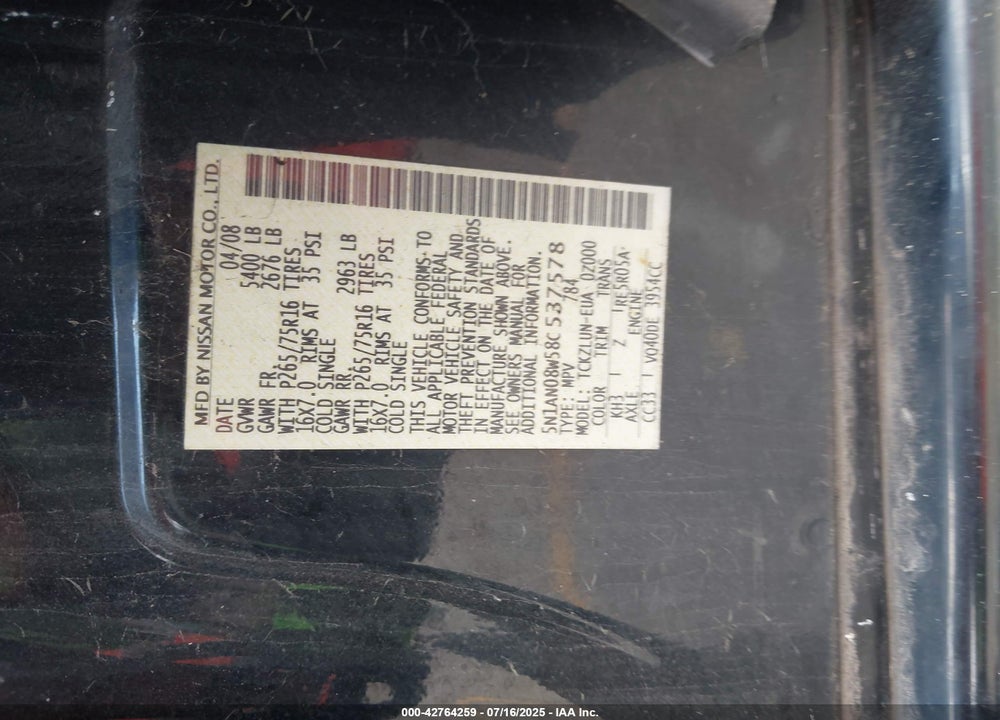 2008 NISSAN XTERRA VIN: 5N1AN08W58C537578