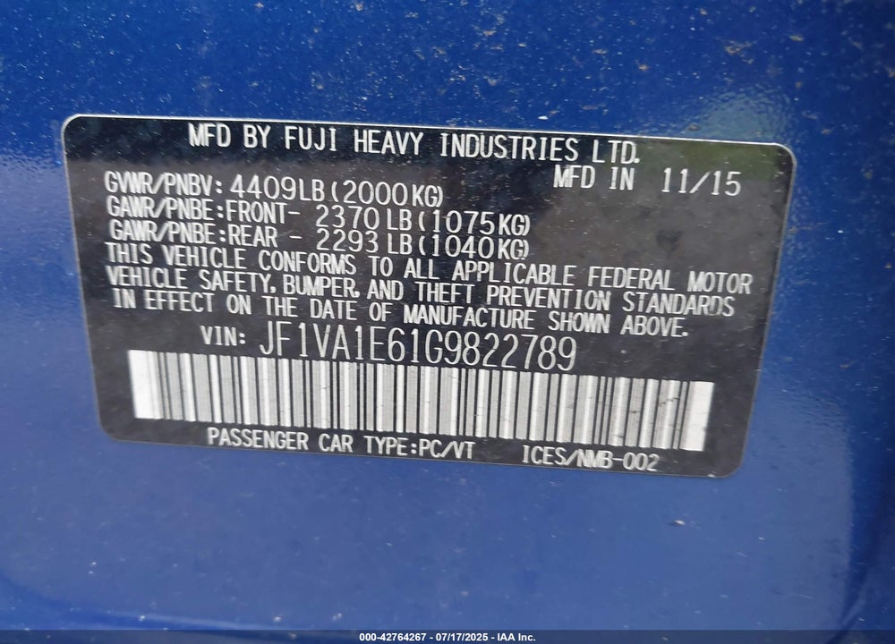 2016 SUBARU WRX VIN: JF1VA1E61G9822789