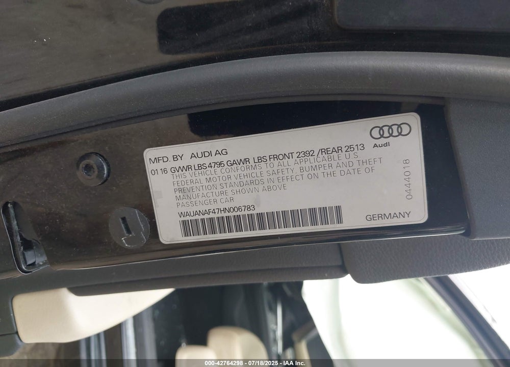 2017 AUDI A4 VIN: WAUANAF47HN006783