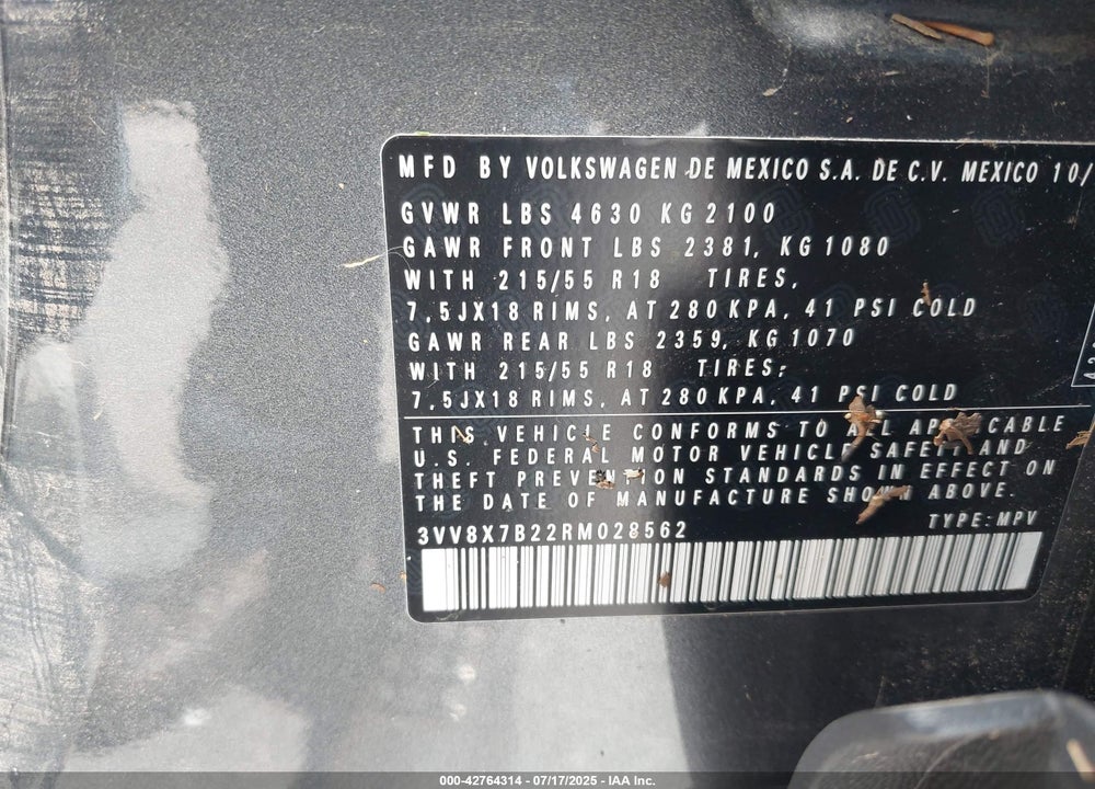 2024 VOLKSWAGEN TAOS 1.5T S VIN: 3VV8X7B22RM028562