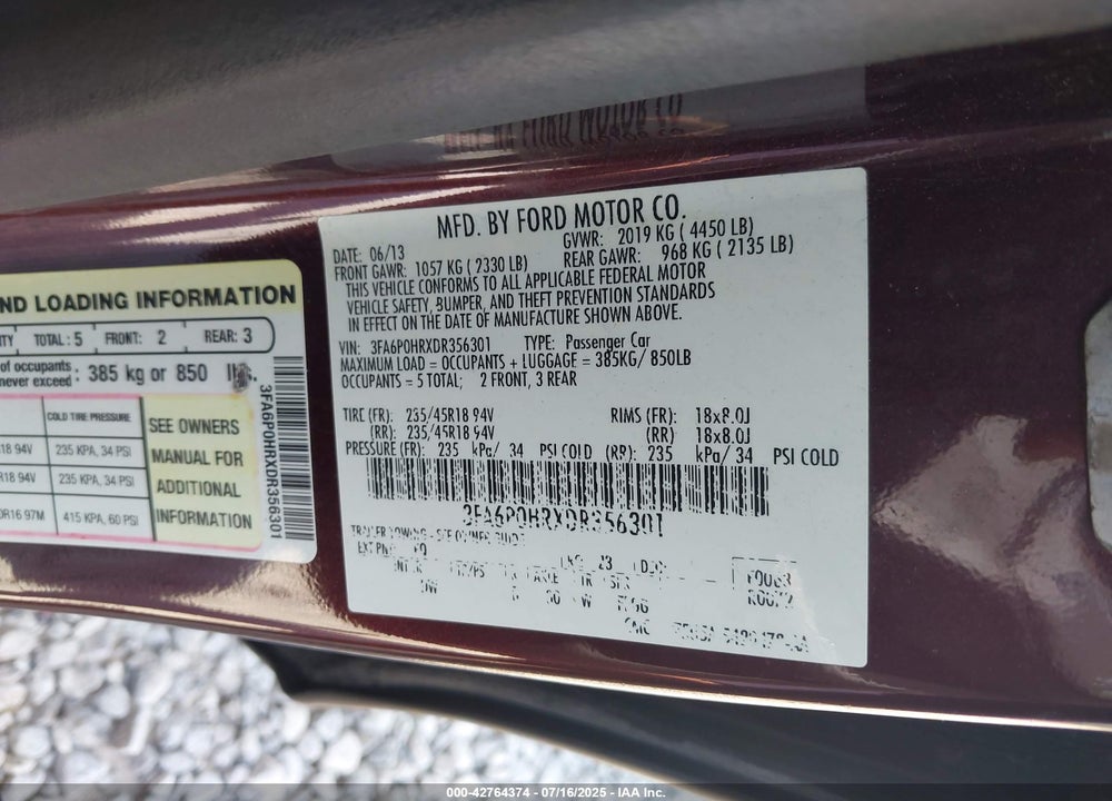 2013 FORD FUSION VIN: 3FA6P0HRXDR356301