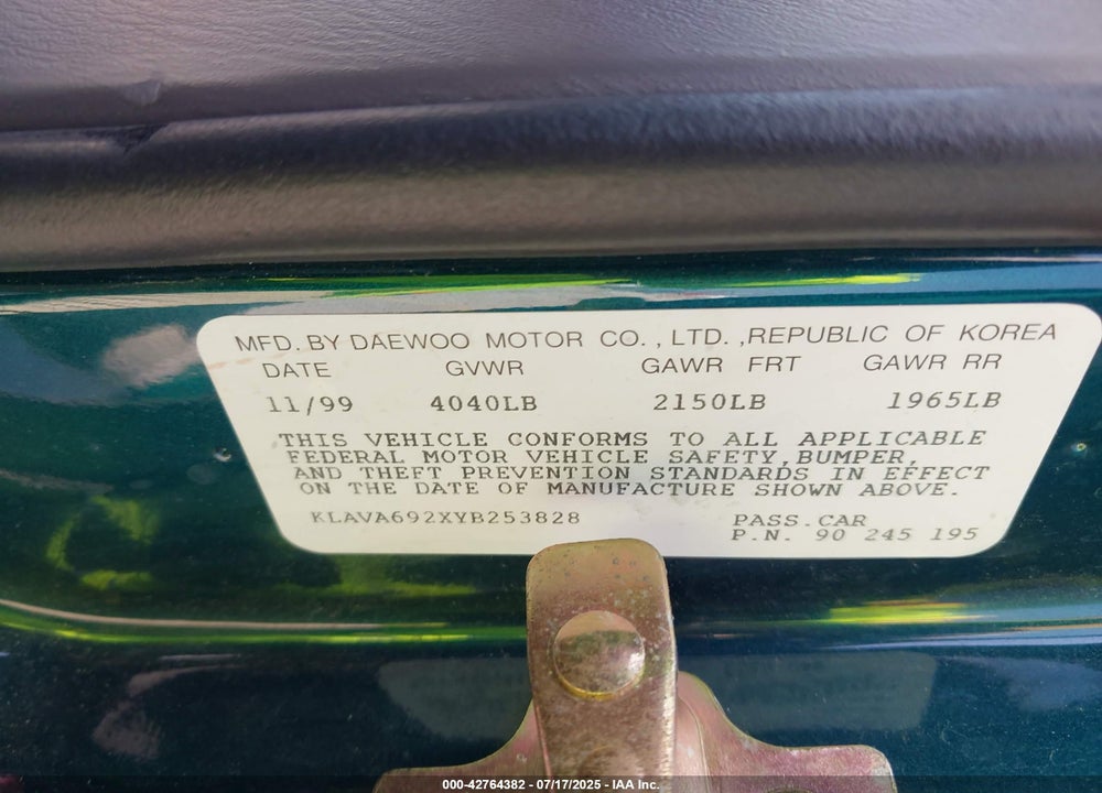 2000 DAEWOO LEGANZA CDX/SE/SX VIN: KLAVA692XYB253828