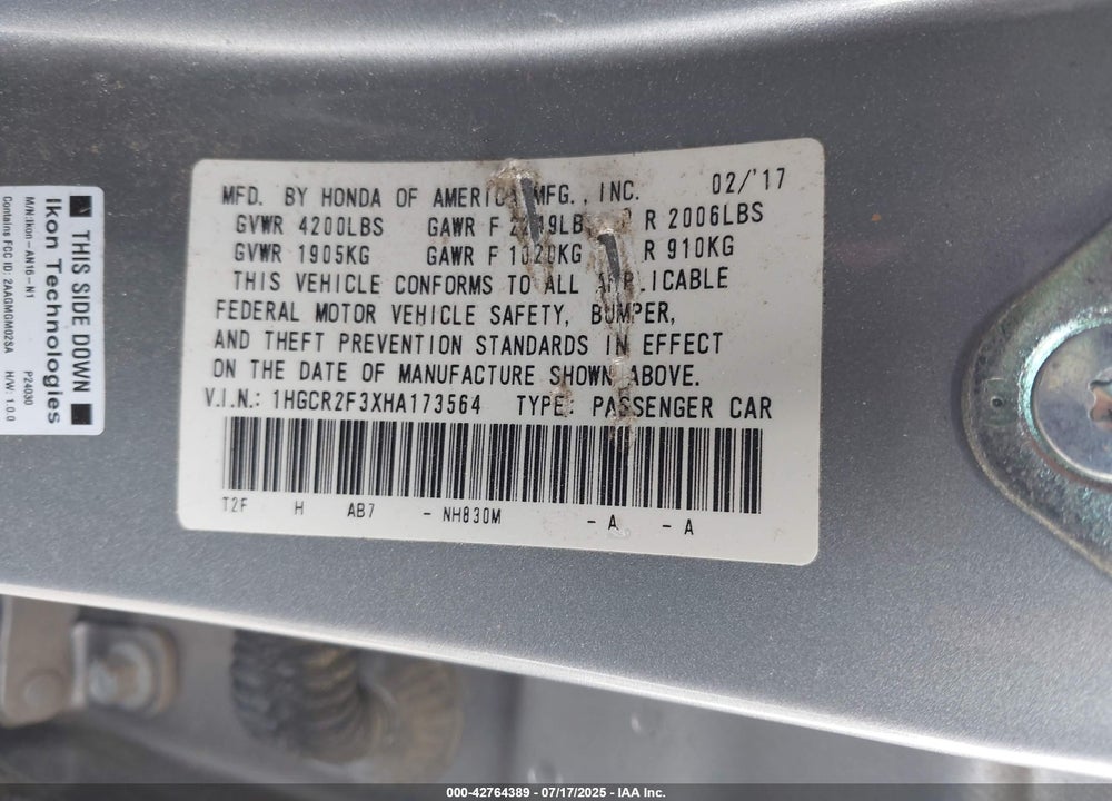 2017 HONDA ACCORD VIN: 1HGCR2F3XHA173564