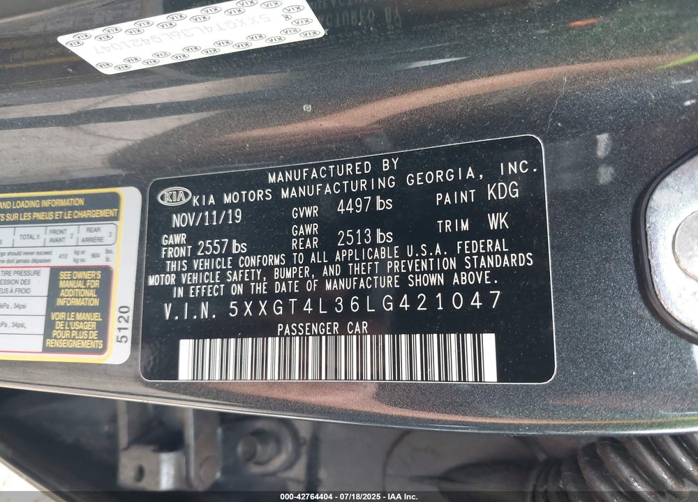 2020 KIA OPTIMA VIN: 5XXGT4L36LG421047