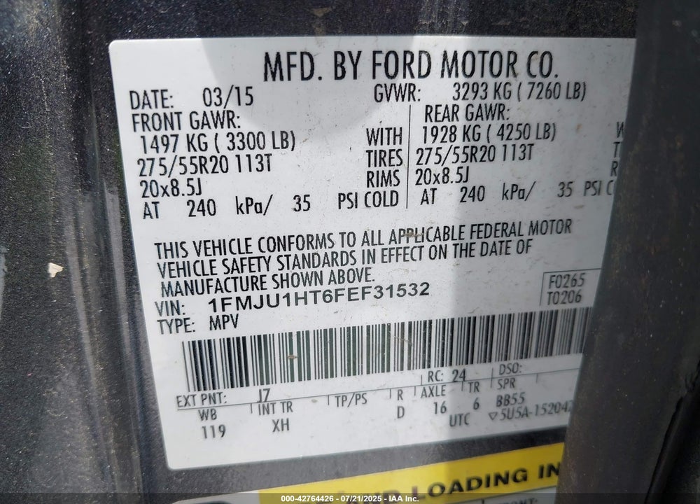 2015 FORD EXPEDITION VIN: 1FMJU1HT6FEF31532
