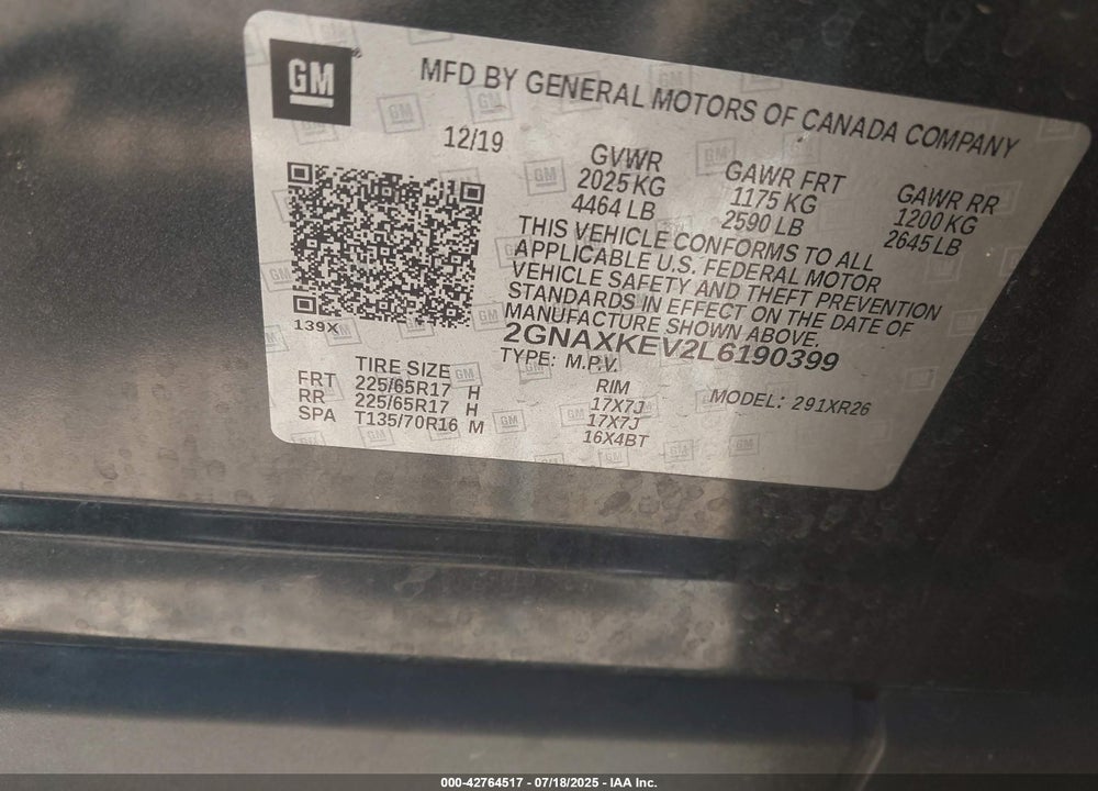 2020 CHEVROLET EQUINOX VIN: 2GNAXKEV2L6190399