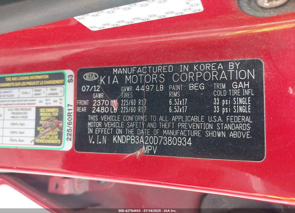 2013 KIA SPORTAGE VIN: KNDPB3A20D7380934