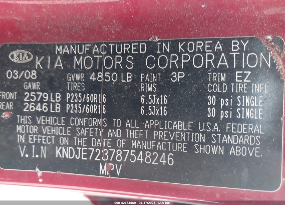 2008 KIA SPORTAGE VIN: KNDJE723787548246