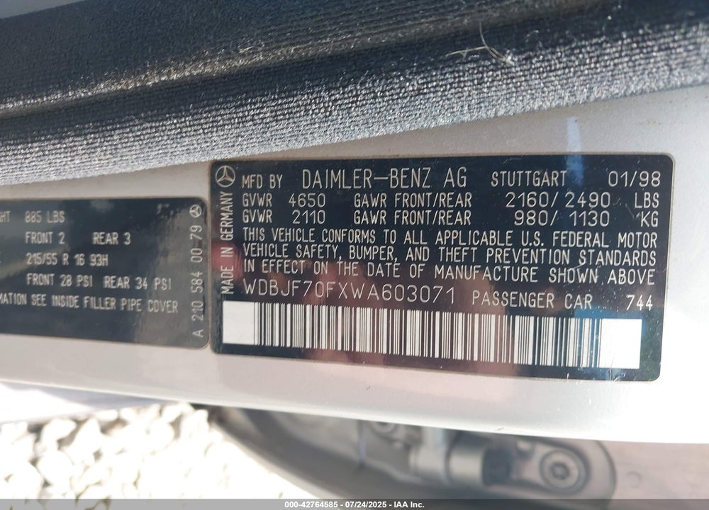1998 MERCEDES-BENZ E 430 VIN: WDBJF70FXWA603071