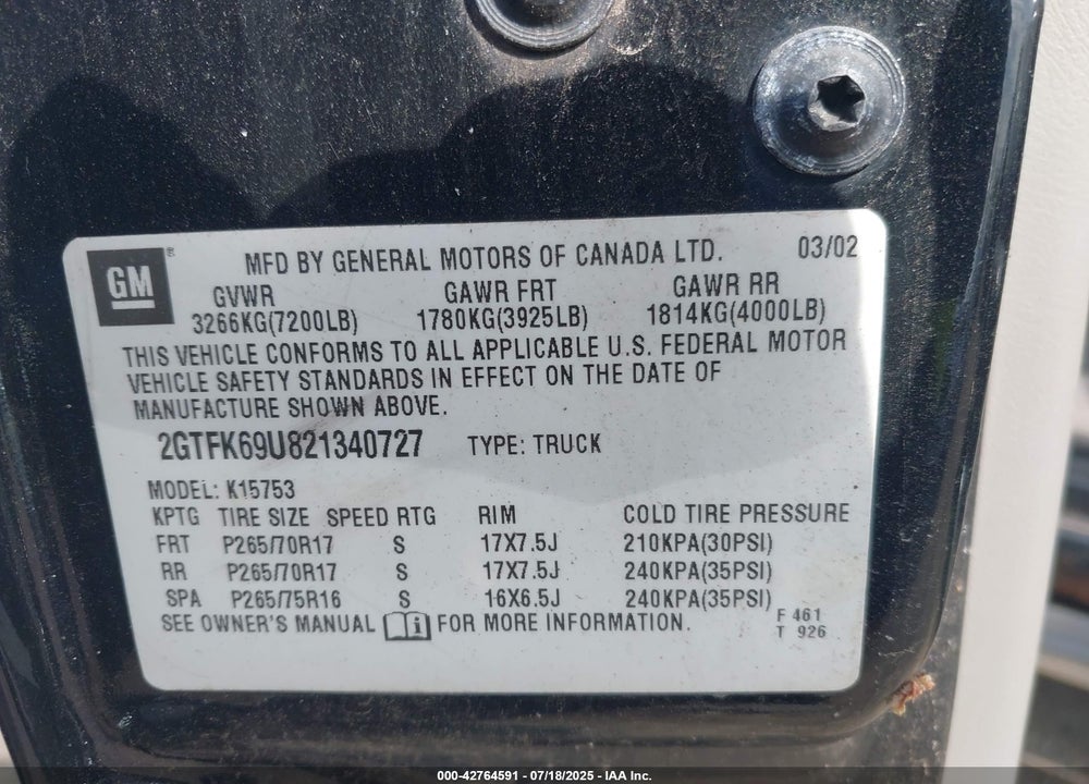 2002 GMC SIERRA 1500 VIN: 2GTFK69U821340727