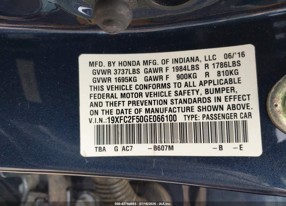 2016 HONDA CIVIC VIN: 19XFC2F50GE066100