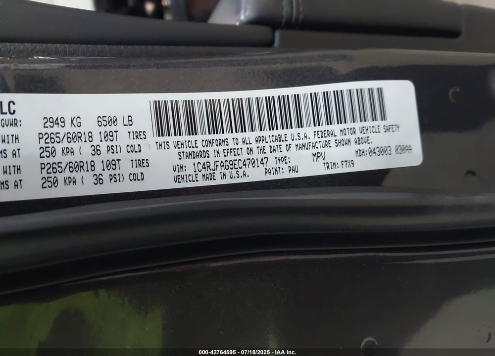 2014 JEEP GRAND CHEROKEE VIN: 1C4RJFAG9EC470147