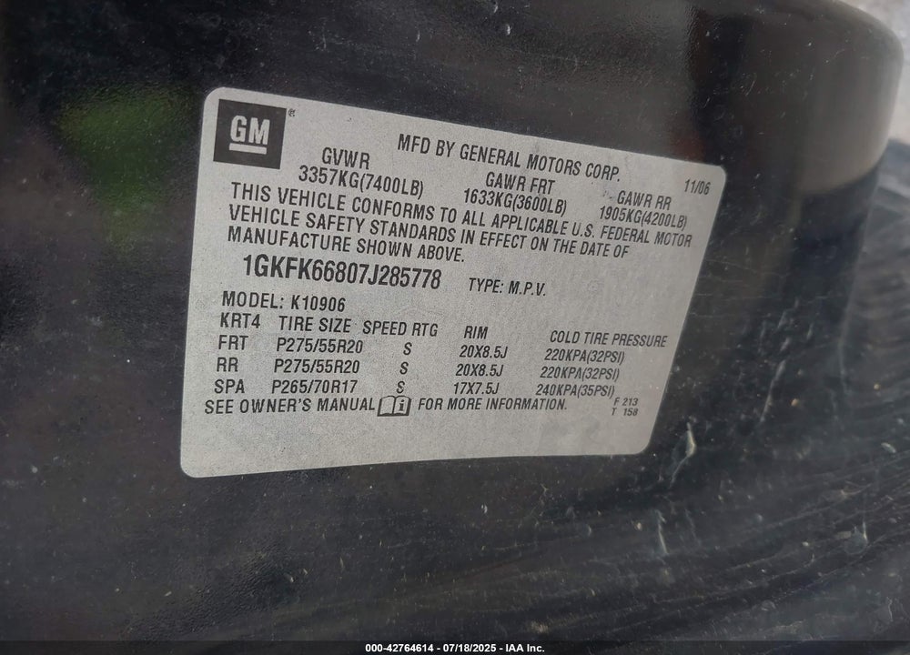 2007 GMC YUKON XL 1500 VIN: 1GKFK66807J285778