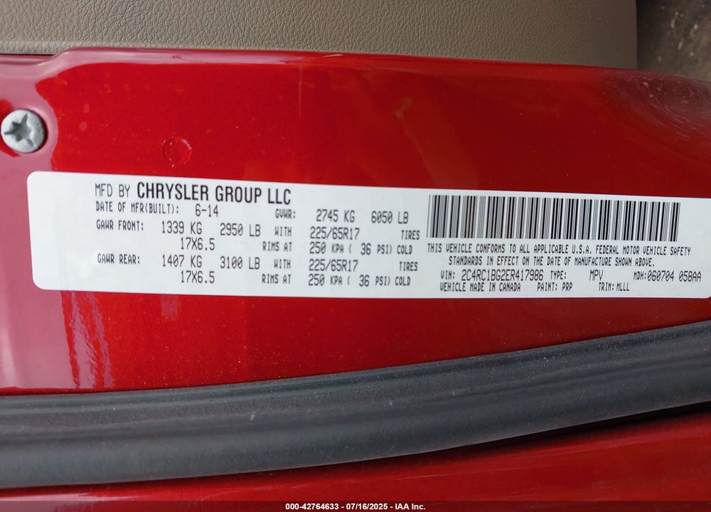 2014 CHRYSLER TOWN & COUNTRY TOURING VIN: 2C4RC1BG2ER417986