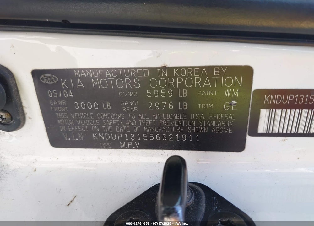 2005 KIA SEDONA EX/LX VIN: KNDUP131556621911