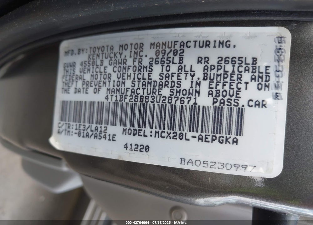 2003 TOYOTA AVALON VIN: 4T1BF28B83U287671