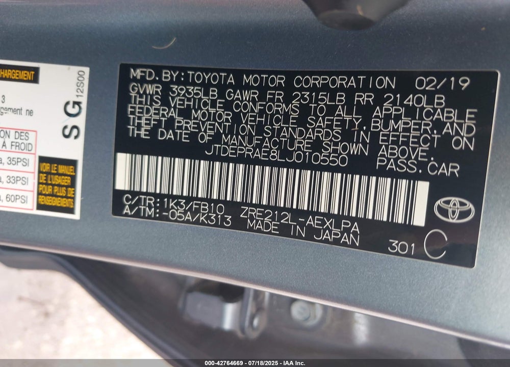 2020 TOYOTA COROLLA VIN: JTDEPRAE8LJ010550