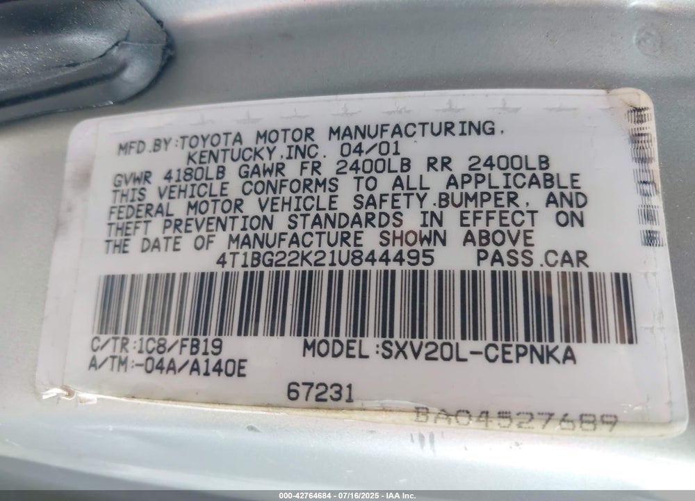2001 TOYOTA CAMRY LE VIN: 4T1BG22K21U844495