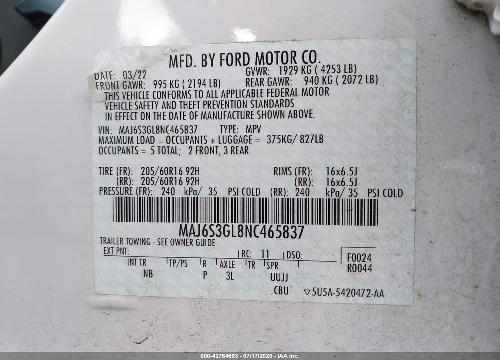 2022 FORD ECOSPORT VIN: MAJ6S3GL8NC465837