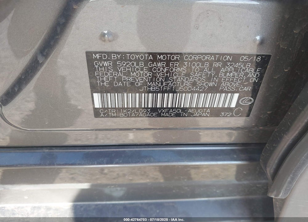 2018 LEXUS LS 500 VIN: JTHB51FF1J5004427