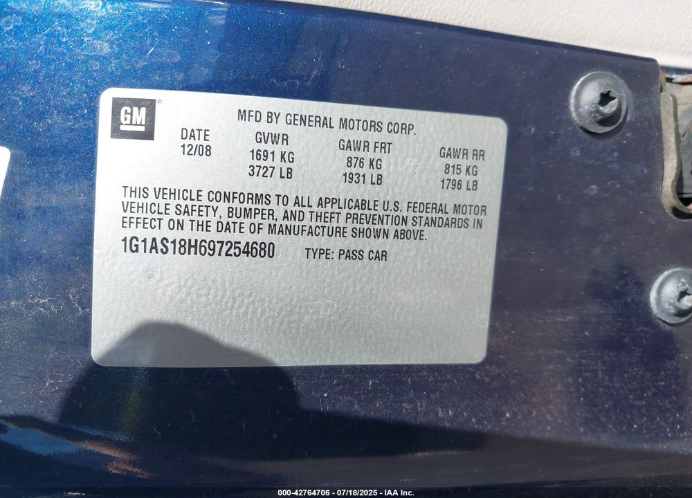 2009 CHEVROLET COBALT VIN: 1G1AS18H697254680