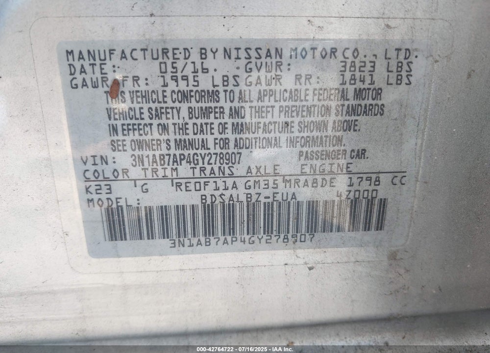2016 NISSAN SENTRA VIN: 3N1AB7AP4GY278907