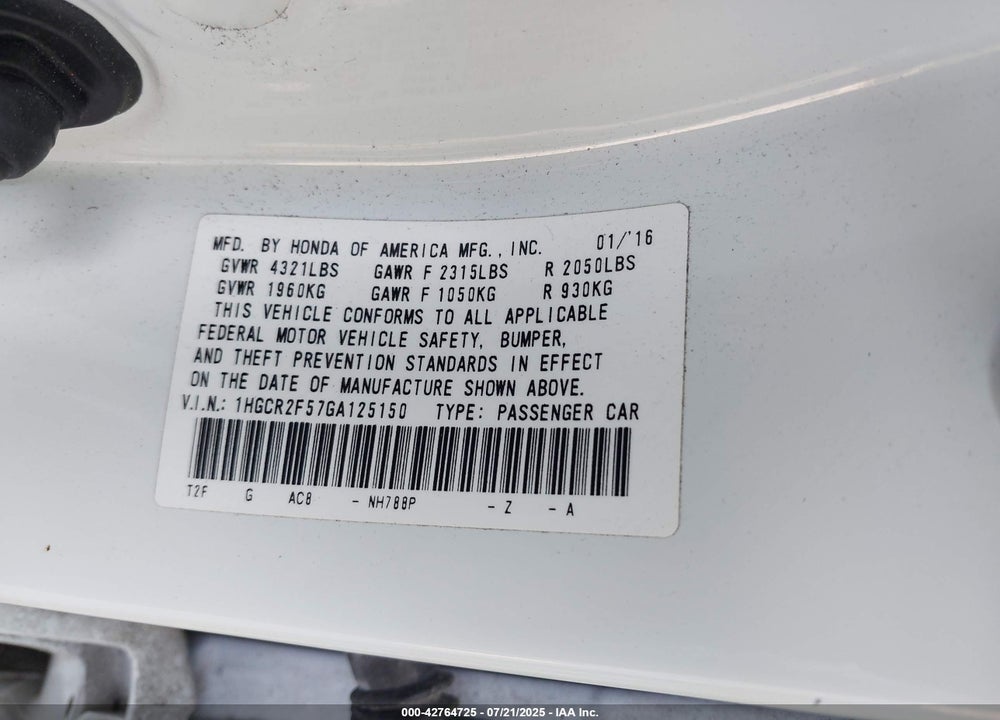 2016 HONDA ACCORD VIN: 1HGCR2F57GA125150