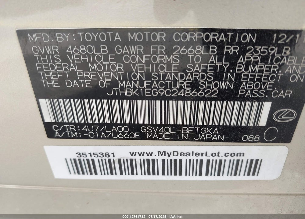 2012 LEXUS ES350 VIN: JTHBK1EG9C2486622