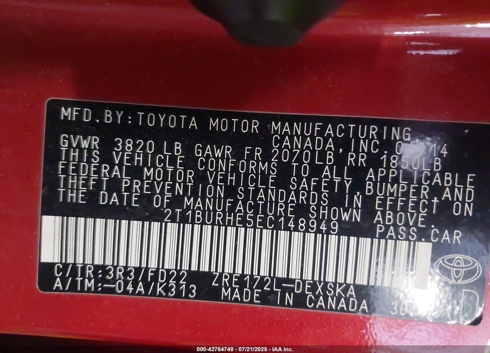2014 TOYOTA COROLLA S VIN: 2T1BURHE5EC148949
